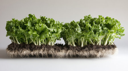 Lettuce grown without soil on floating beds in a high-tech greenhouse, water visible under roots and copy space aboveの素材