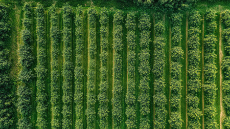Organic apple orchard with grass-covered rows and hand-weeded tree bases, lush setting with plenty of copy spaceの素材