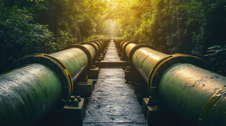 Reclaimed water pipe irrigating sustainable crop rows, water reuse in agriculture and open area for copyの素材