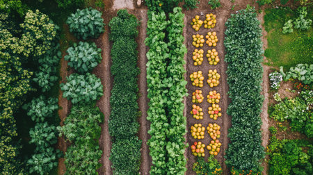 Organic orchard with mixed fruit trees and cover crops between rows, permaculture-inspired with copy spaceの素材