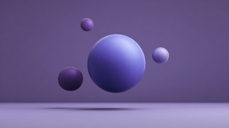 D abstract spheres and floating shapes in violet shades over matte purple background with spaceの素材