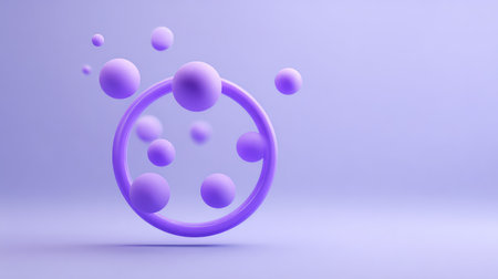 Abstract D purple rings and spheres floating over a soft gradient backdrop, design with open spaceの素材