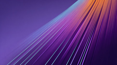Abstract dynamic motion lines in purple tones moving diagonally across a gradient background, space clearの素材