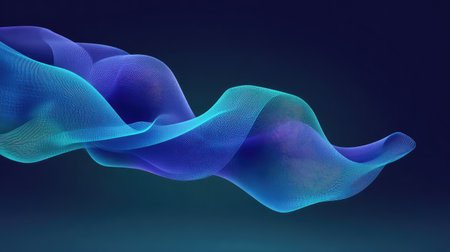 Abstract flowing digital wave ribbons in electric blue over dark gradient backdrop, clean empty area for textの素材
