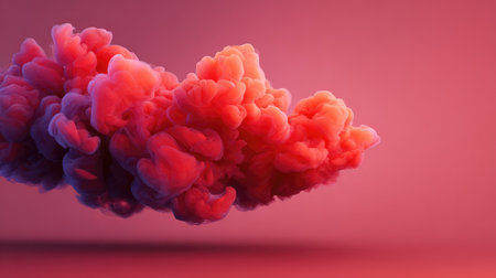 Abstract red smoke or ink cloud swirls spreading over a soft red gradient background, space on rightの素材