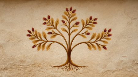 Ancient symbolic tree of life painted on cave wall texture background, rich history feel with space aroundの素材