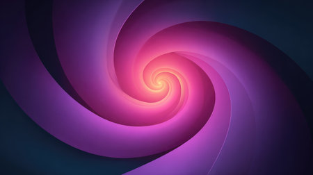 Abstract glowing spiral design in purple on dark background, central space clear for contentの素材