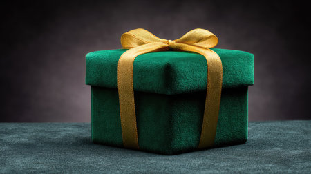 A close-up of a luxury Christmas gift box wrapped in velvet green ribbon sitting on a dark textured surface with copy spaceの素材