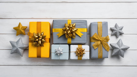 Assorted wrapped presents on a white wood background with silver and gold ornaments, clean copy space in middleの素材