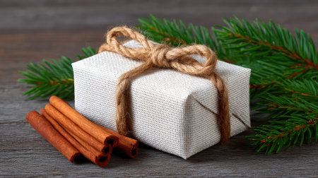 Close-up of hand-tied rustic Christmas present placed among fir branches and cinnamon sticks, space for messageの素材