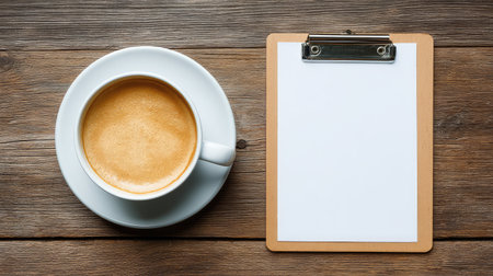 Coffee and clipboard with printed invoice, representing freelance or business services, copy space availableの素材