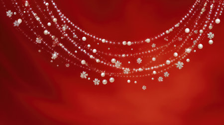 Bright festive red background with sparkling garlands and baubles creating a curved top frame, space belowの素材