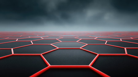 Black surface with red lines forming geometric grid design, futuristic tech layout with copy spaceの素材