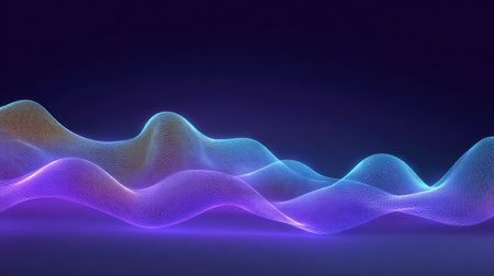 Blue digital waves with pulsing neon lights forming futuristic abstract shapes on dark backgroundの素材