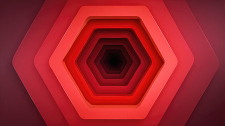 Bold red geometric background with layered polygon shapes and shadows forming abstract depth, space in middleの素材