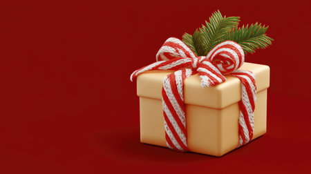 Bright background with holiday gift box tied with ribbon, decorated with candy cane and pine leaf, space on one sideの素材