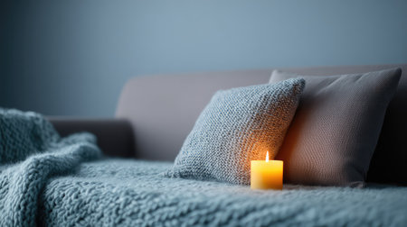 Cozy sofa with knit throw, candlelight glow, and textured pillows, clean wall in backgroundの素材