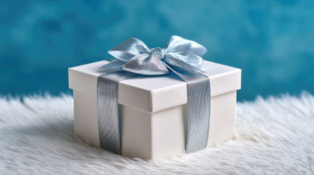 Close-up of gift box with elegant white wrapping and silver ribbon, placed on snowy blue surface with spaceの素材