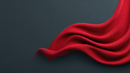 Dark background with smooth red fabric flowing across one side, luxurious design with space for overlayの素材