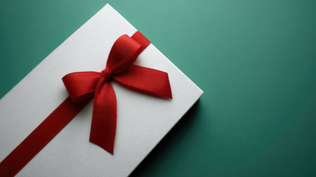 Close-up of minimalist white box tied with red ribbon, placed diagonally on a green background with empty spaceの素材