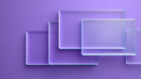 Bright purple background with translucent glass-like floating panels and soft glow, modern design with empty areaの素材