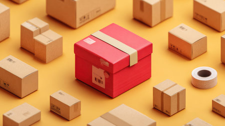 Delivery service concept with cardboard boxes, packing tape, and shipping labels, space around objectsの素材