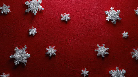 Deep textured red background with silver snowflakes scattered around and copy space in the middleの素材