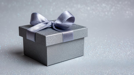 Elegant gift box with glossy bow placed on silver glitter background, shimmering festive mood with open spaceの素材