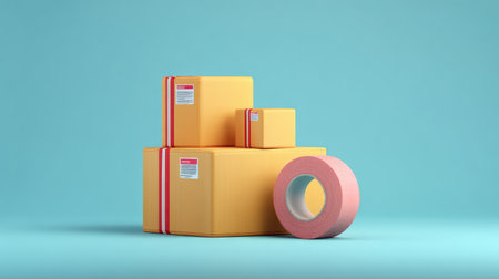 Delivery service concept with cardboard boxes, packing tape, and shipping labels, space around objectsの素材