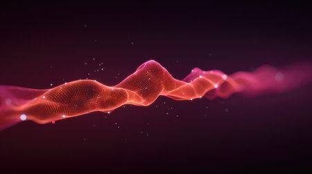 Dynamic digital waves made of glowing particles and lines moving horizontally, tech-inspired with spaceの素材