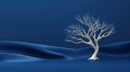 Elegant silver tree of life design floating on a deep blue background with soft lighting and space for overlayの素材