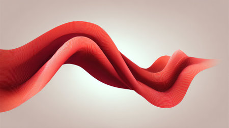 Digital red wave lines on soft gradient background forming flowing abstract design with center copy spaceの素材