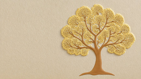 Embossed tree of life pattern on gold foil texture, luxurious detail with soft lighting and copy spaceの素材