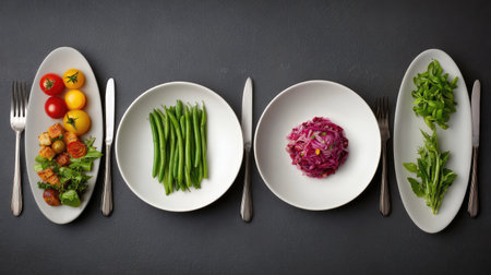 Event catering theme with plated sample dishes, utensils, and empty table space for layoutの素材