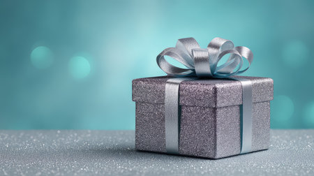 Elegant gift box with glossy bow placed on silver glitter background, shimmering festive mood with open spaceの素材
