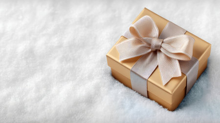 Elegant Christmas gift box wrapped with satin bow placed on a soft snowy background, top view with copy spaceの素材