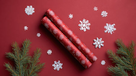 Flat lay of Christmas scene with snowflakes, gift wrap rolls, and pine sprigs around the border of red backgroundの素材