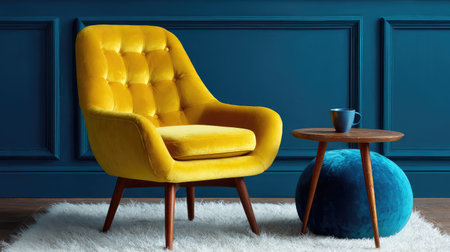 Elegant living room corner with stylish furniture and wooden coffee table, space on rug for text overlayの素材