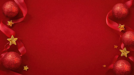 Glossy red Christmas theme with sparkling baubles, gold stars, and ribbon curls placed in corners, empty spaceの素材