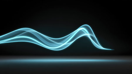 Futuristic digital wave shapes glowing with neon blue light on a deep black background, copy space centeredの素材