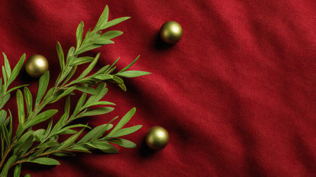 Flat lay of red velvet background with green branches and minimal holiday ornaments surrounding blank areaの素材