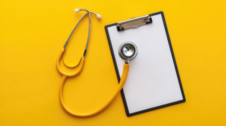 Healthcare service concept with stethoscope, clipboard, and blank prescription pad, space for contentの素材