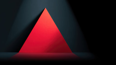 Modern abstract red triangle with shadows over black background, bold style and copy spaceの素材