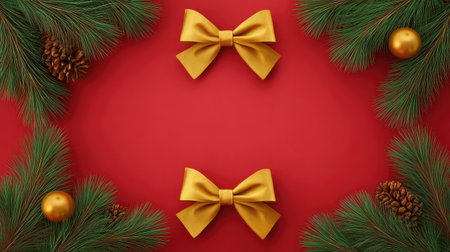 Holiday background with gift wrap paper, gold bows and festive elements framing a clean red centerの素材
