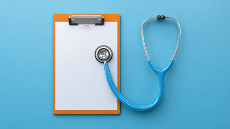 Healthcare service concept with stethoscope, clipboard, and blank prescription pad, space for contentの素材