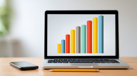 Laptop, CRM charts, phone, and pencil on service representative desk, light background with spaceの素材