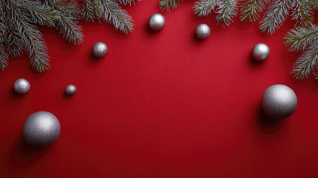Minimalist red backdrop with scattered metallic ornaments and snowy pine accents along top and bottom, space in centerの素材