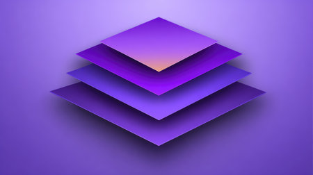 Layered soft paper shapes in violet hues stacked in a D illusion style over blank backdropの素材