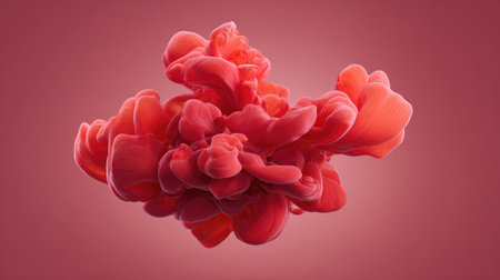 Organic red ink in water swirling with soft edges on a plain red background, artistic motion with open spaceの素材