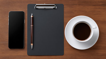 Modern workspace with phone, pen, clipboard, and business documents, service concept with clear copy spaceの素材